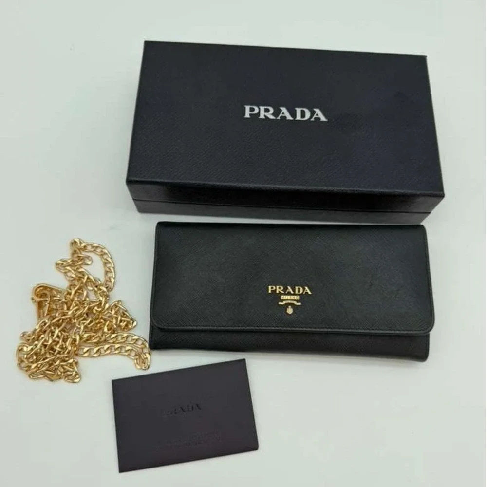 Authentic Prada Saffiano Black Continental Wallet Milano Gold Logo With Box - Picture 10 of 10